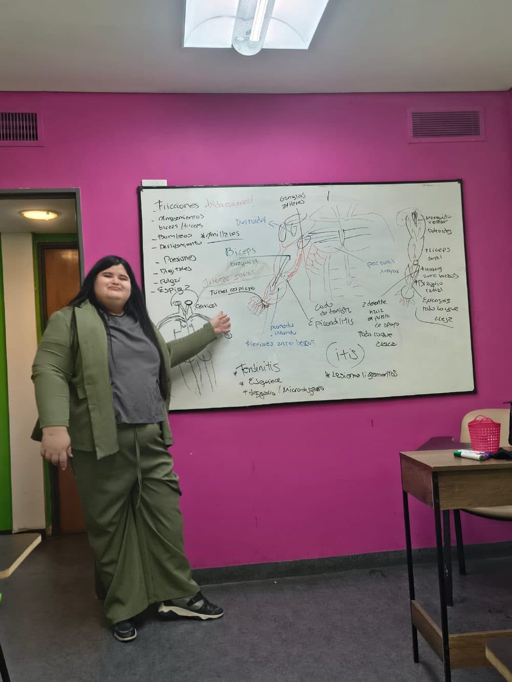 Yanina Deplante frente a un pizarrón con un esquema de anatomía del miembro superior y maniobras de masaje: fricciones, amasamientos, bombeos y presiones.